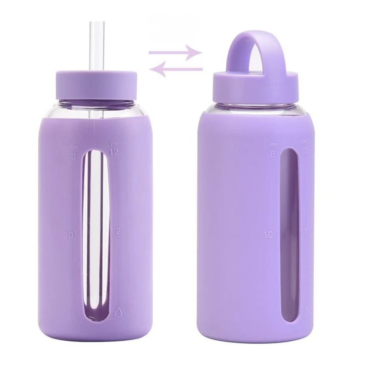 Glass Water Bottle With Silicone Sleeve And Straw 2 option cap